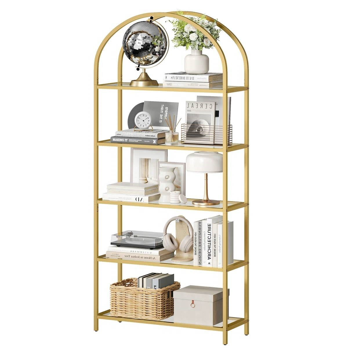 Modern Gold Metal Arched Top Display Rack/ Bookcase with 5 Glass Storage Shelves