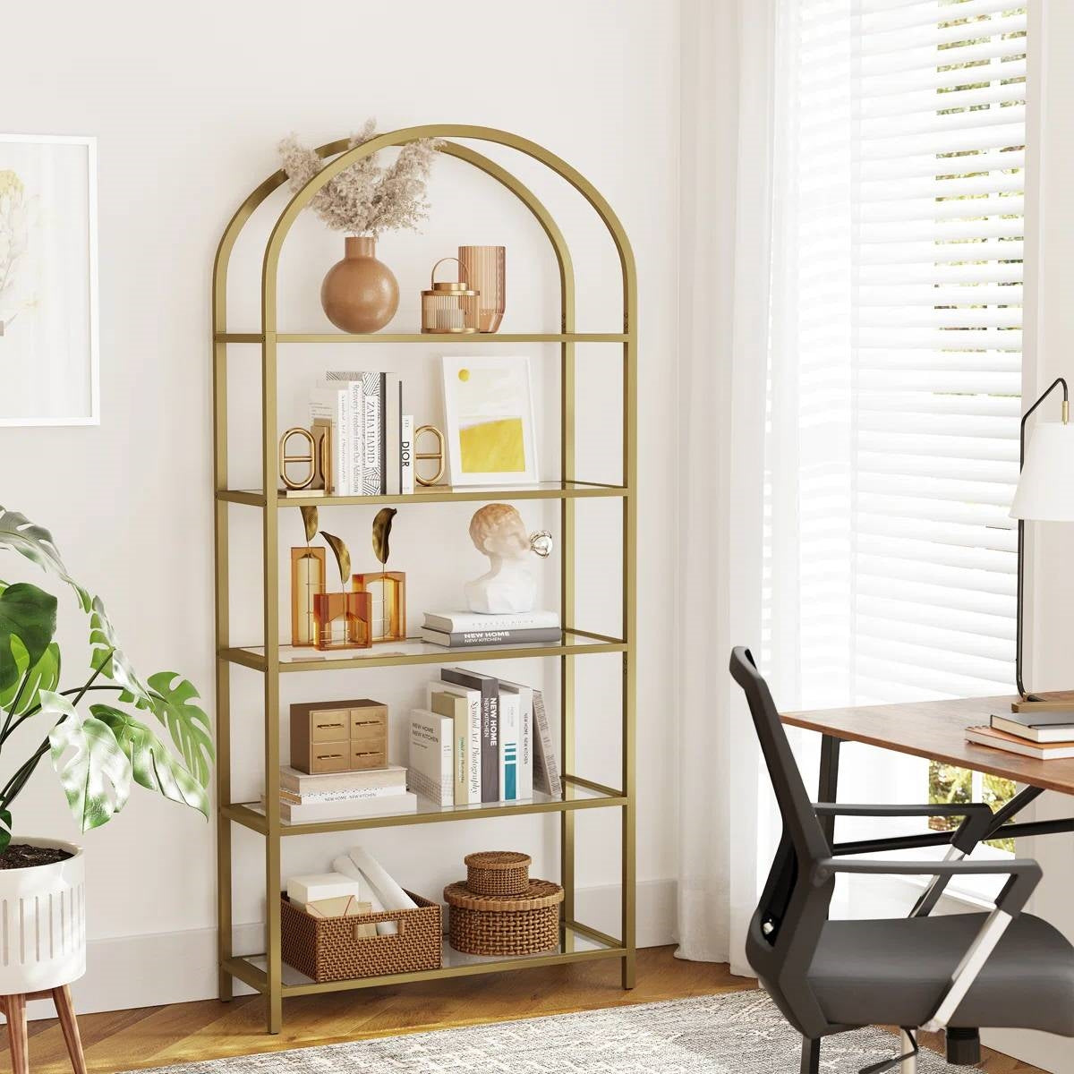 Modern Gold Metal Arched Top Display Rack/ Bookcase with 5 Glass Storage Shelves