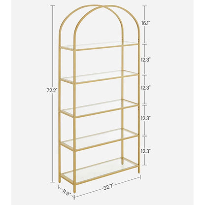 Modern Gold Metal Arched Top Display Rack/ Bookcase with 5 Glass Storage Shelves