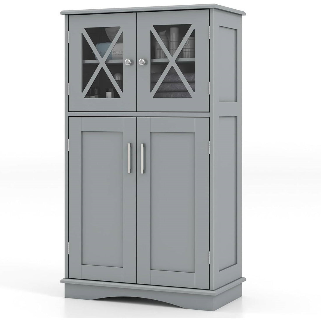 Bathroom Linen Cabinet with Glass Doors and Storage Shelves in Gray