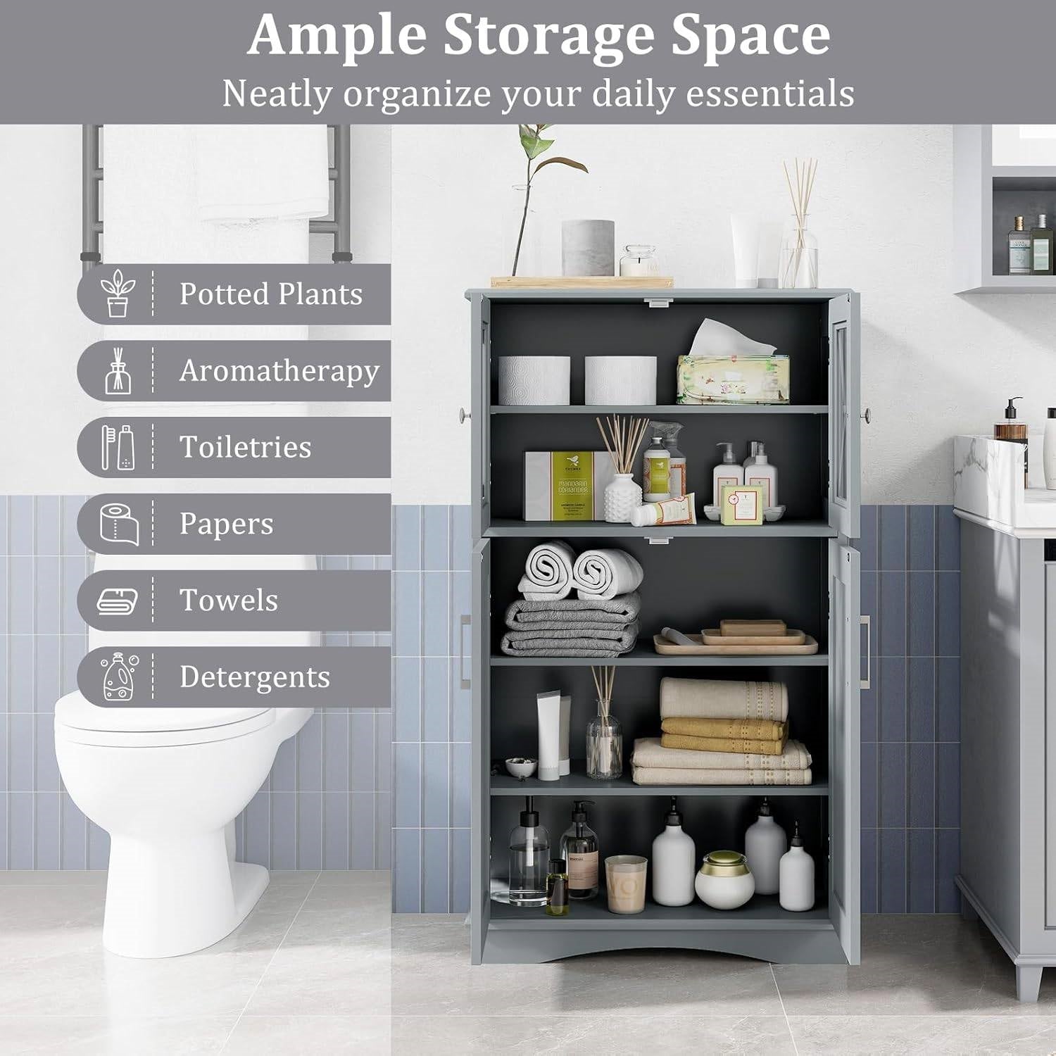 Bathroom Linen Cabinet with Glass Doors and Storage Shelves in Gray