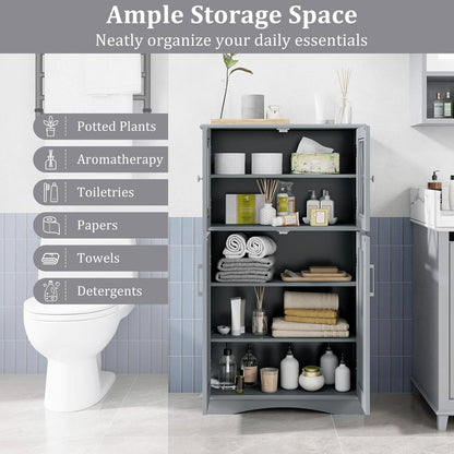 Bathroom Linen Cabinet with Glass Doors and Storage Shelves in Gray