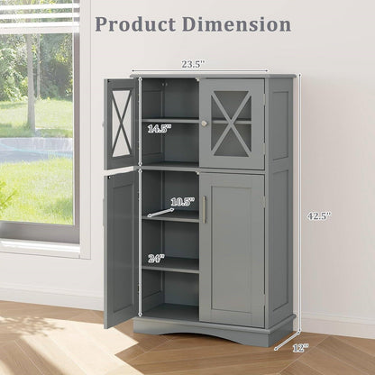 Bathroom Linen Cabinet with Glass Doors and Storage Shelves in Gray
