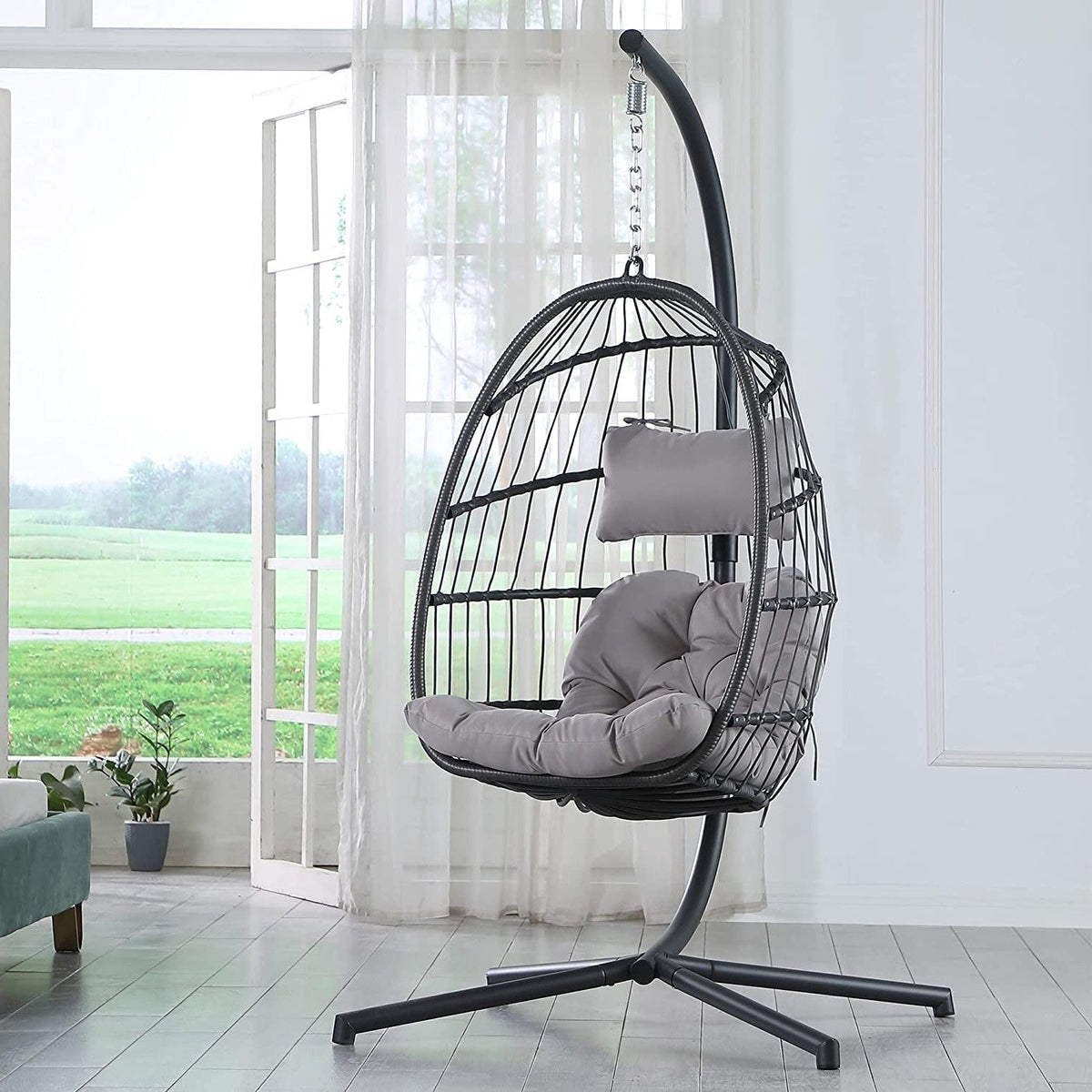 Grey Indoor/Outdoor Wicker Rattan Aluminum Frame Egg Chair Swing