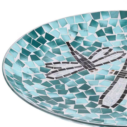 Teal Green/Blue/White Mosaic Glass Birdbath Bowl with Black Metal Stand