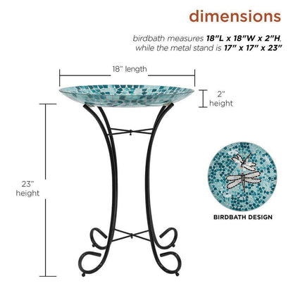 Teal Green/Blue/White Mosaic Glass Birdbath Bowl with Black Metal Stand