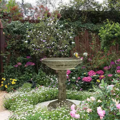 Outdoor Fiberglass Bird Bath in Aged Granite Stone Finish