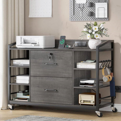 Mobile Printer Stand with Bookshleves and File Cabinet - Graywash
