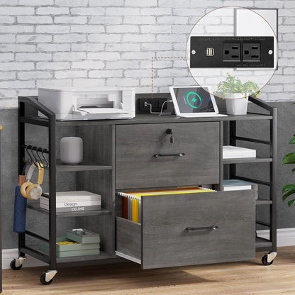 Mobile Printer Stand with Bookshleves and File Cabinet - Graywash