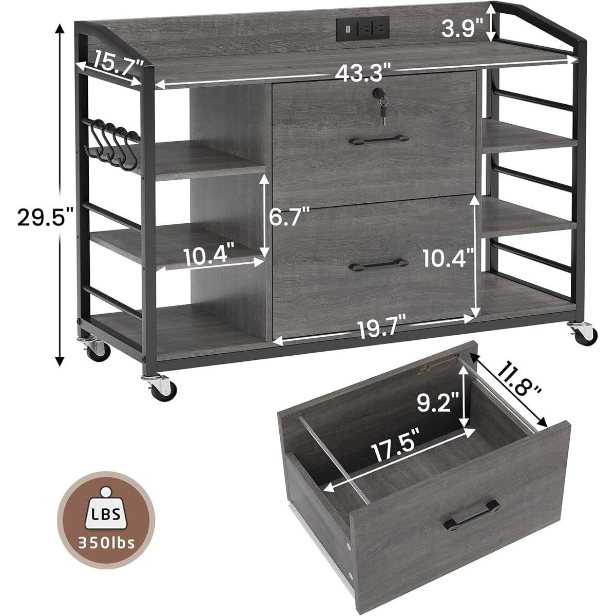 Mobile Printer Stand with Bookshleves and File Cabinet - Graywash