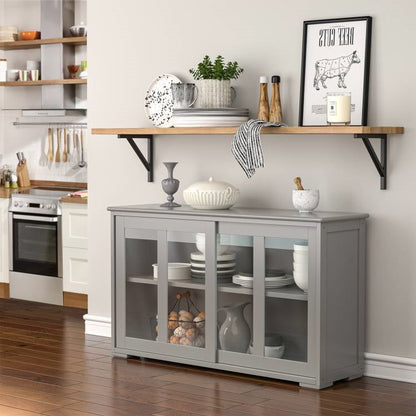 Wood Sideboard Storage Cabinet w/ Glass Sliding Door in Gray