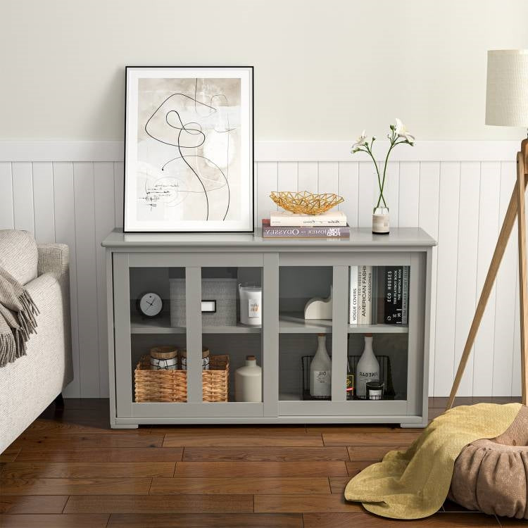 Wood Sideboard Storage Cabinet w/ Glass Sliding Door in Gray