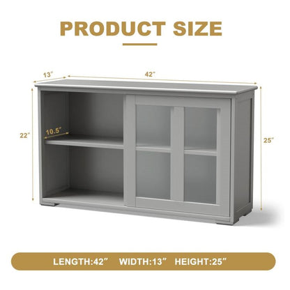 Wood Sideboard Storage Cabinet w/ Glass Sliding Door in Gray