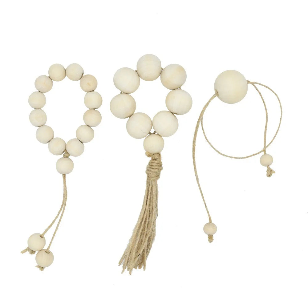 Natural Wood Bead Napkin Rings With Tassels - 6 Pc Set