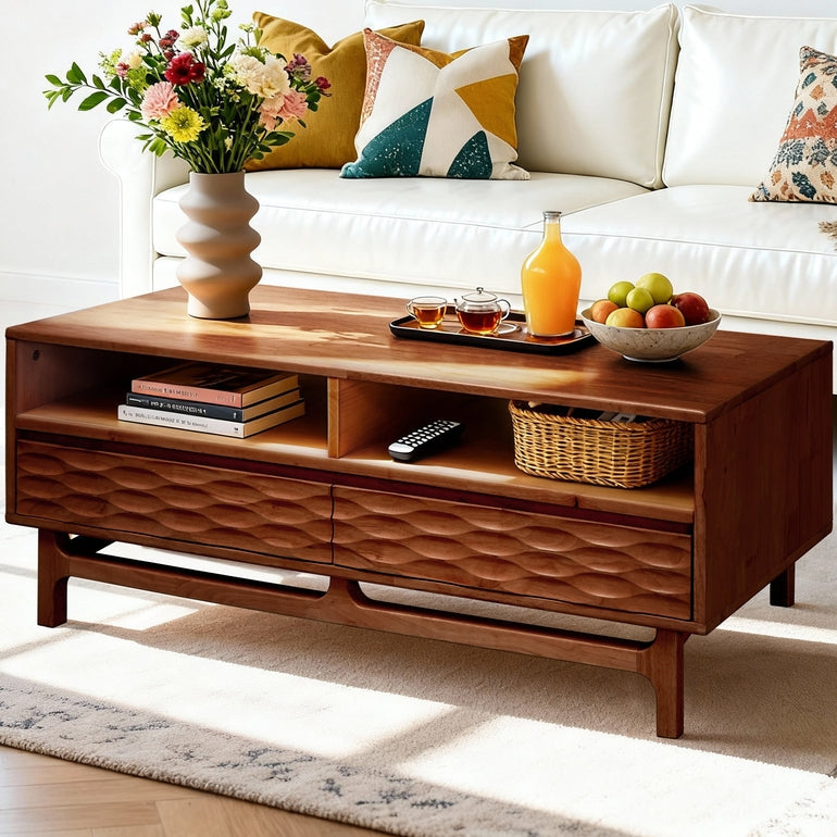 Elara 47.2” Acacia Coffee Table with Drawers &amp; Open Storage - 3 Colors