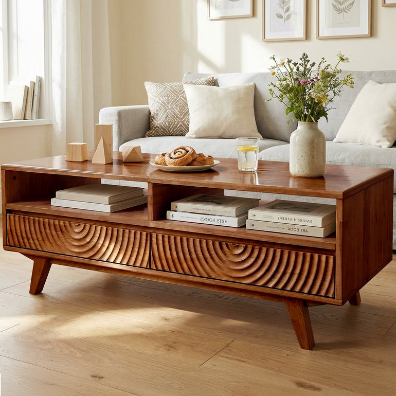 Harmony Solid Acacia Coffee Table with Drawers &amp; Open Storage - 3 Colors