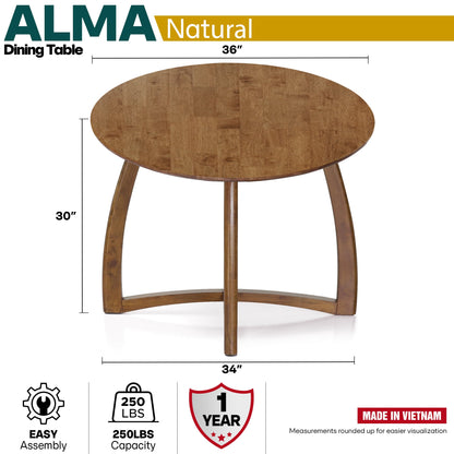 Alma 36 Inch Round Dining Table in Natural or Walnut Finish
