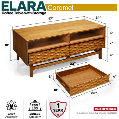 Elara 47.2” Acacia Coffee Table with Drawers &amp; Open Storage - 3 Colors