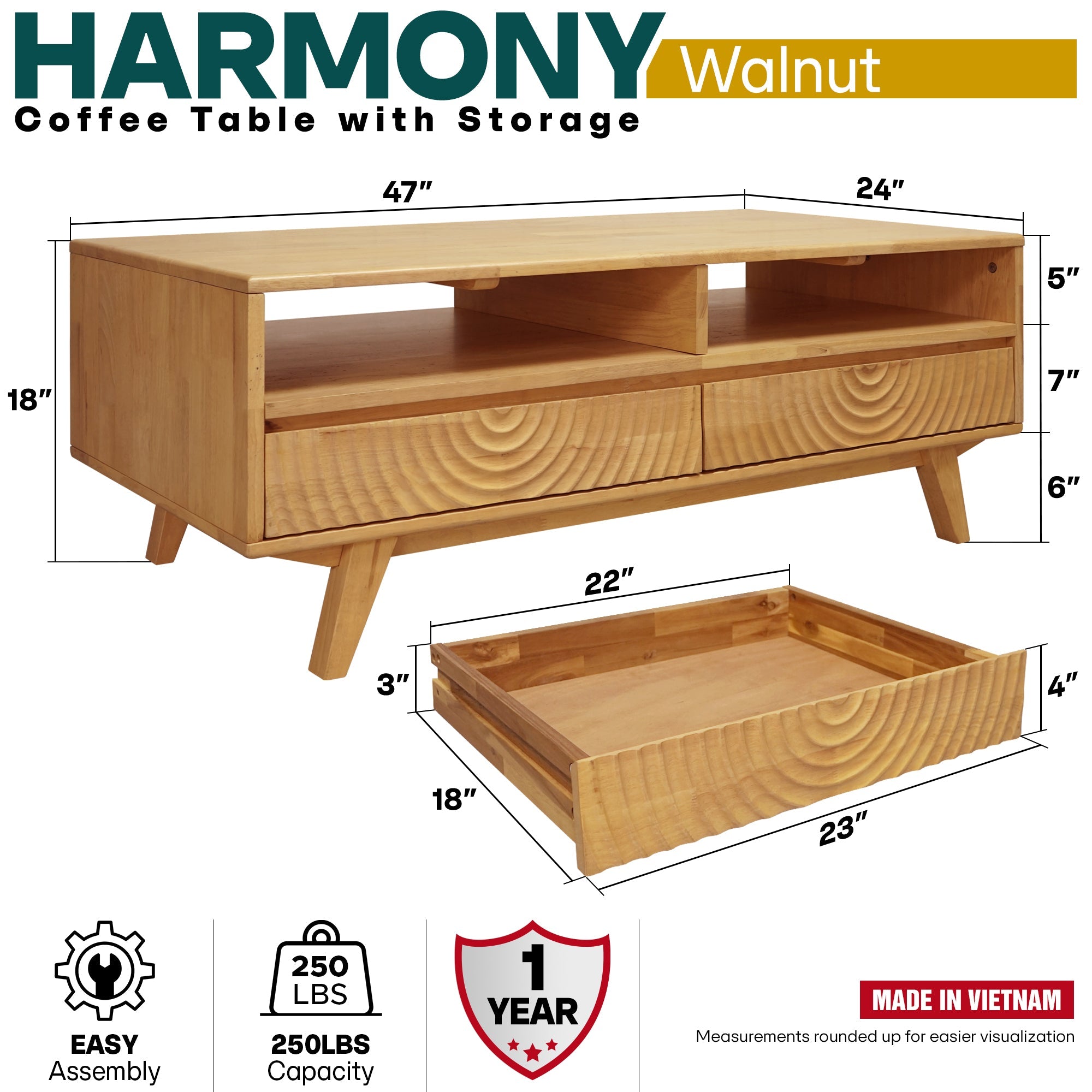 Harmony Solid Acacia Coffee Table with Drawers &amp; Open Storage - 3 Colors