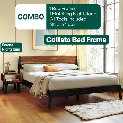Callisto Solid Acacia Wood Bed Frame and Nightstand Set - 2 Colors