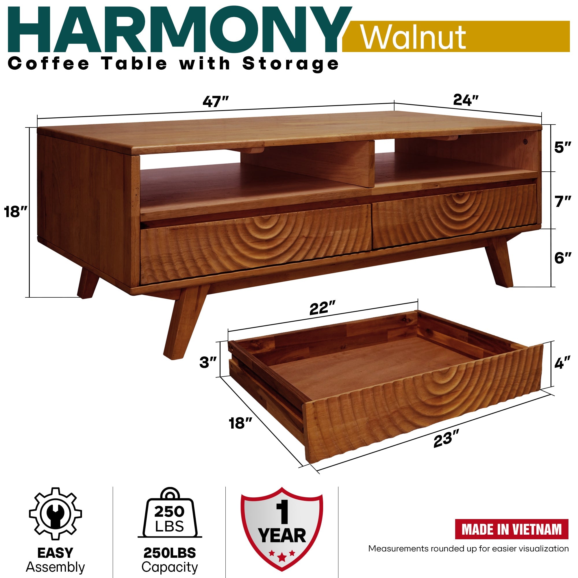 Harmony Solid Acacia Coffee Table with Drawers &amp; Open Storage - 3 Colors