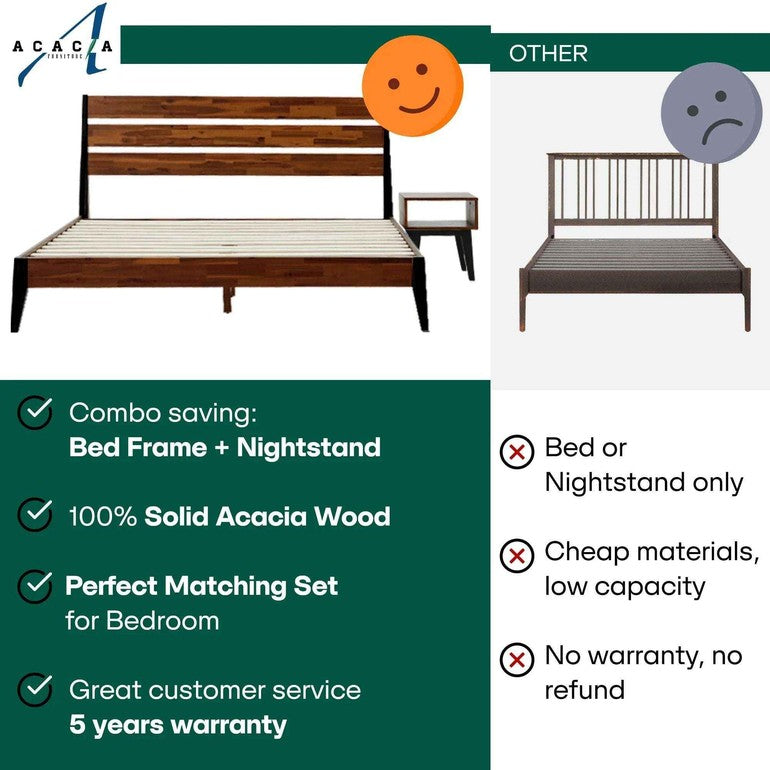 Emery Bed Frame &amp; Nightstand Set - Acacia Solid Wood in Walnut, or Americano