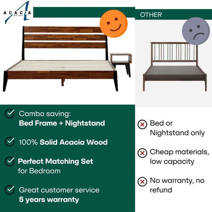 Emery Bed Frame &amp; Nightstand Set - Acacia Solid Wood in Walnut, or Americano