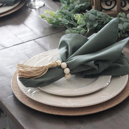 Natural Wood Bead Napkin Rings With Tassels - 6 Pc Set