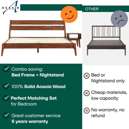 Callisto Solid Acacia Wood Bed Frame and Nightstand Set - 2 Colors