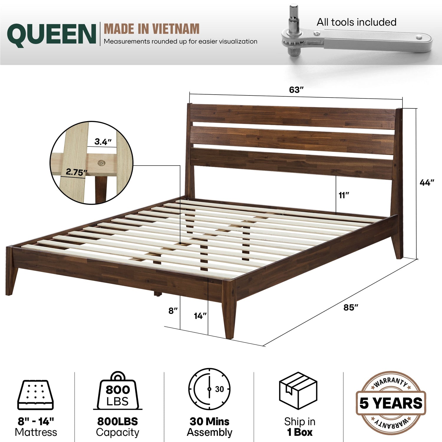 Emery Solid Acacia Wood Bed Frame - Multiple Finishes