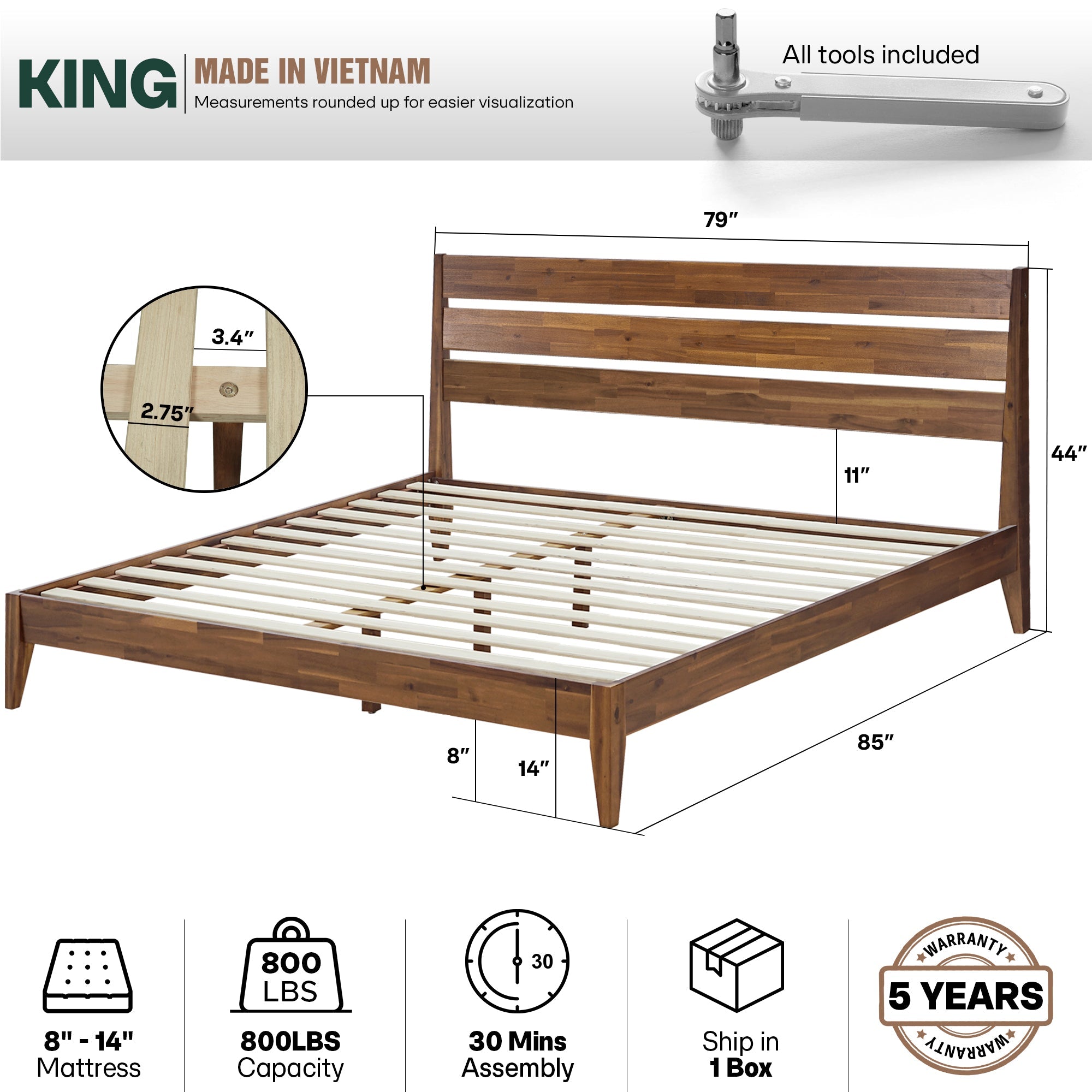 Emery Solid Acacia Wood Bed Frame - Multiple Finishes