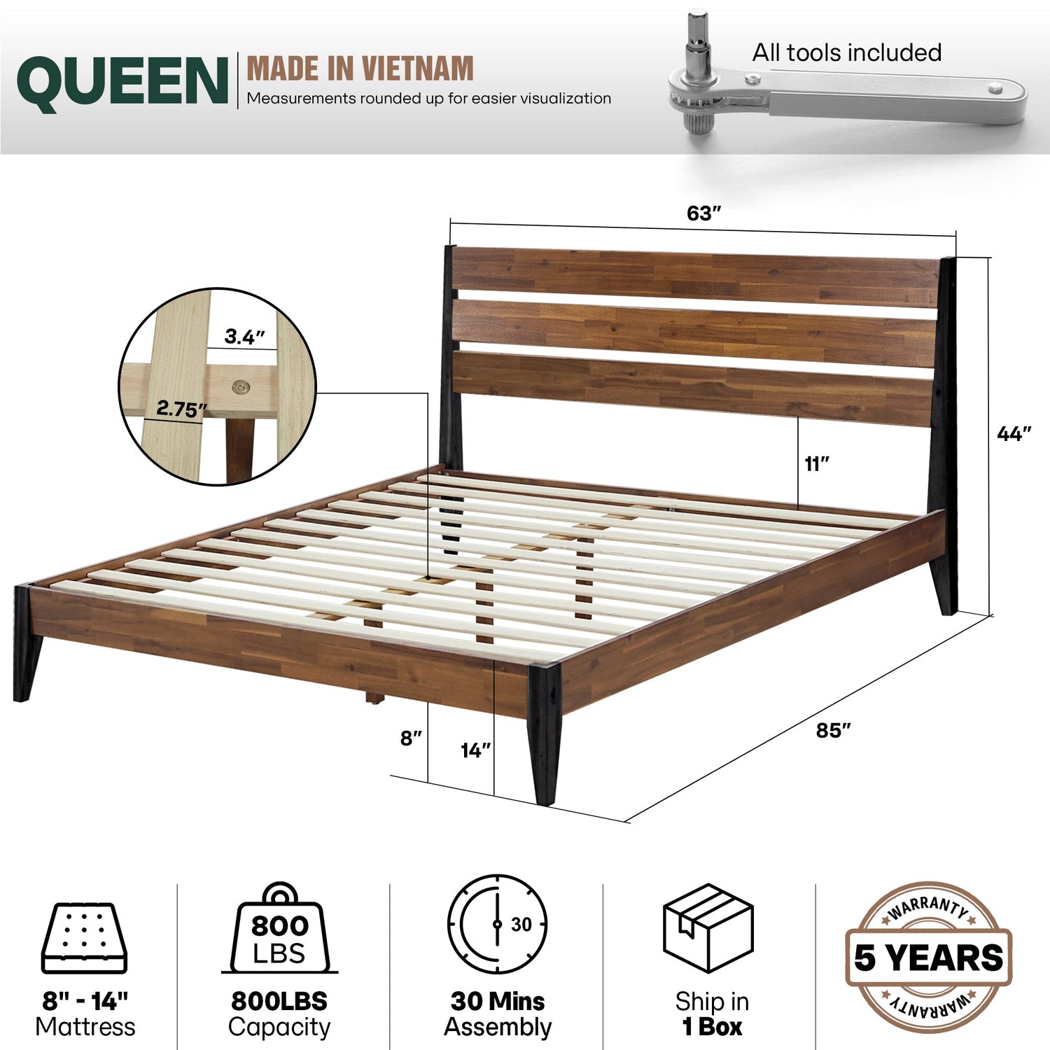 Emery Solid Acacia Wood Bed Frame - Multiple Finishes