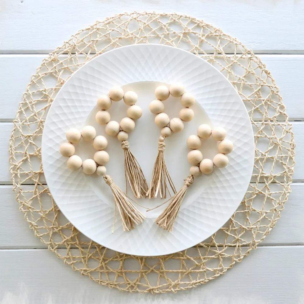 Natural Wood Bead Napkin Rings With Tassels - 6 Pc Set