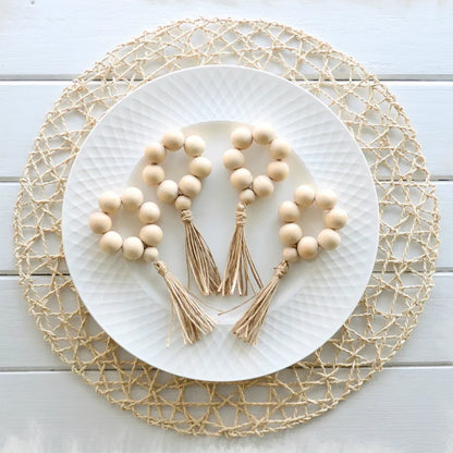 Natural Wood Bead Napkin Rings With Tassels - 6 Pc Set