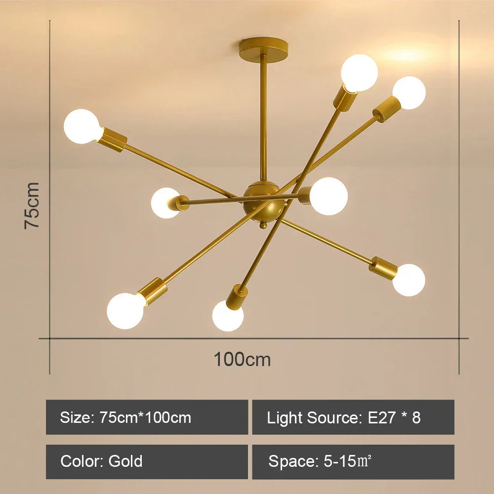 Modern Industrial Sputnik Style Chandelier - Black/White/Gold