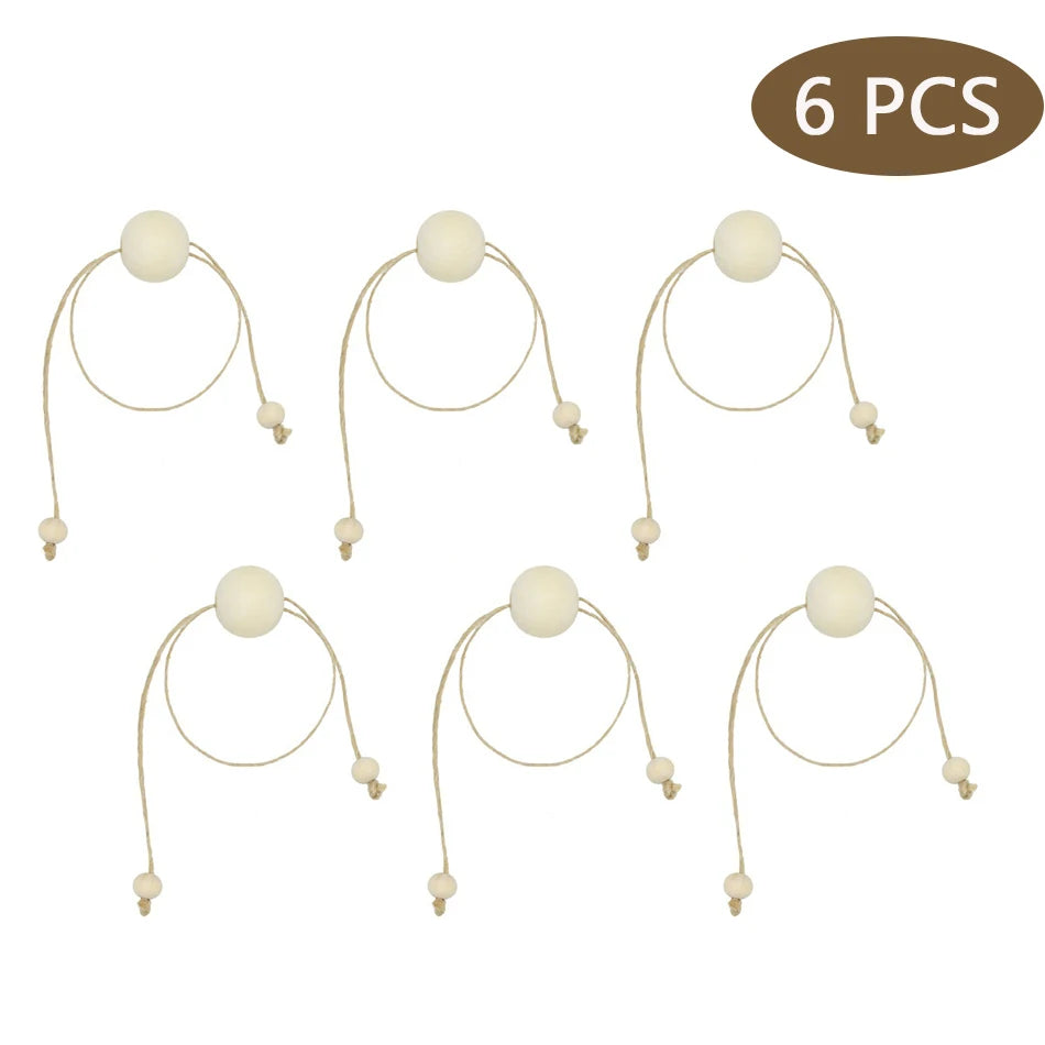 Natural Wood Bead Napkin Rings With Tassels - 6 Pc Set