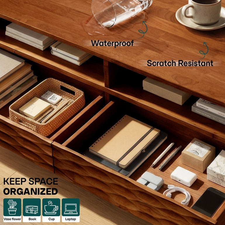 Elara 47.2” Acacia Coffee Table with Drawers &amp; Open Storage - 3 Colors