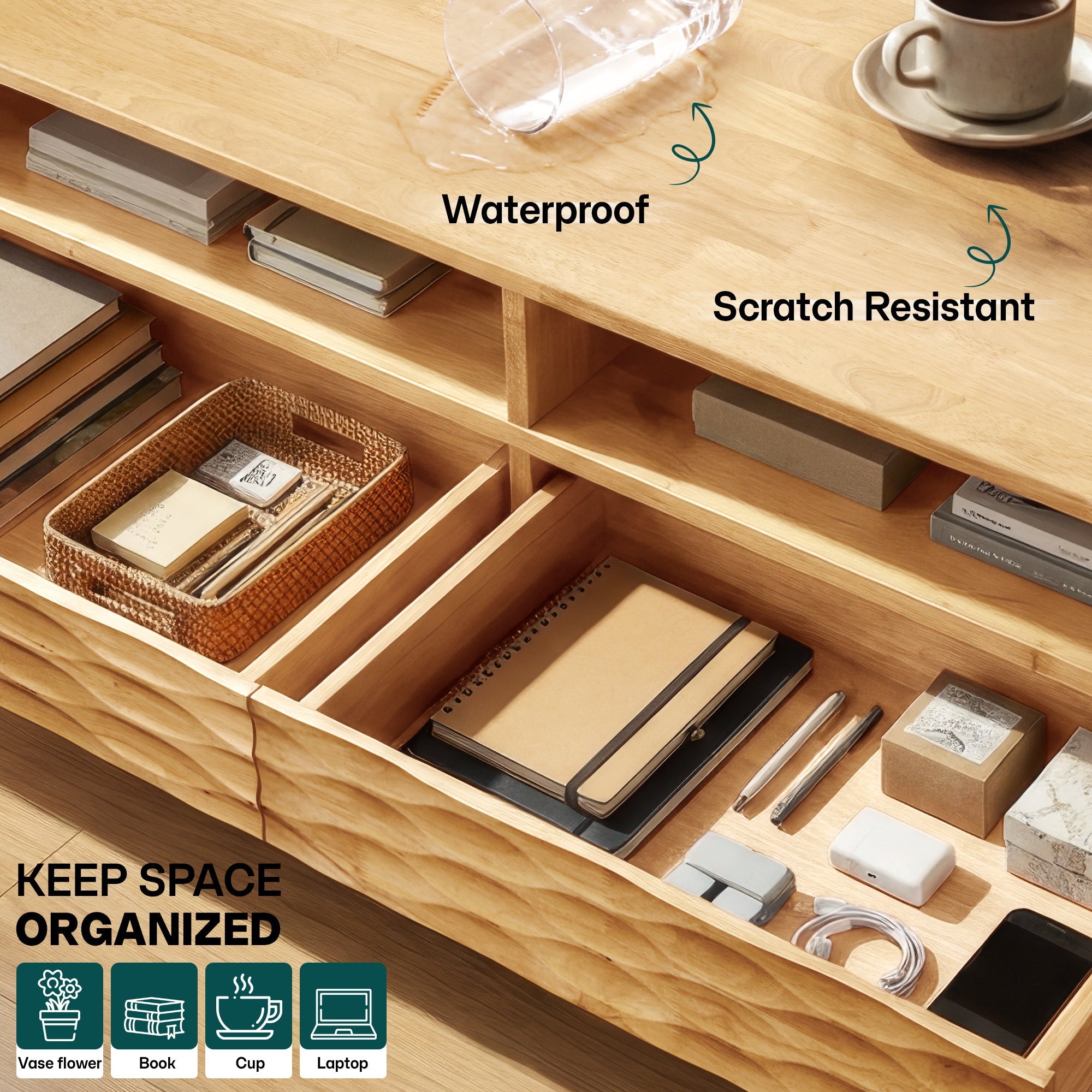 Elara 47.2” Acacia Coffee Table with Drawers &amp; Open Storage - 3 Colors