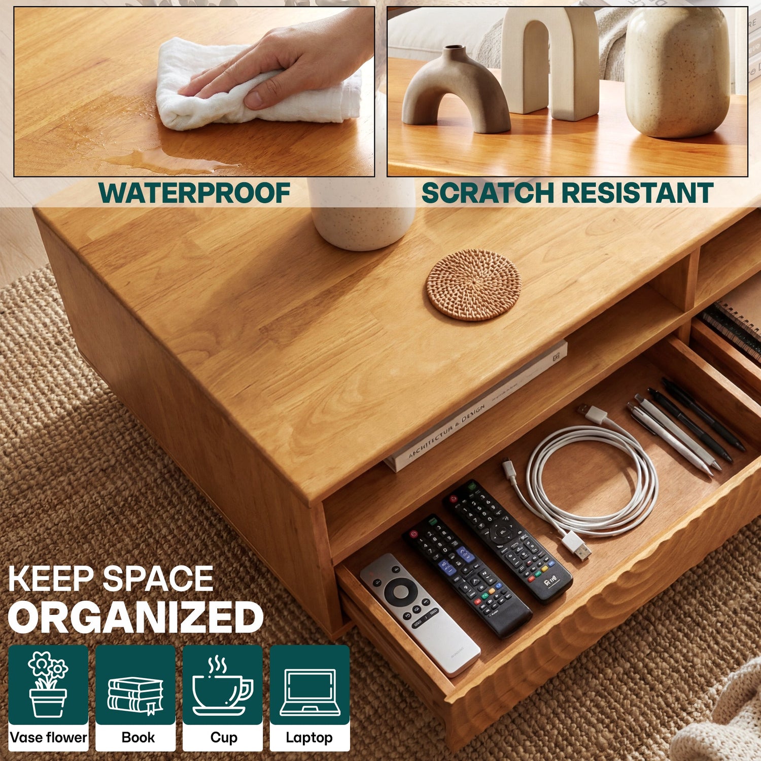 Harmony Solid Acacia Coffee Table with Drawers &amp; Open Storage - 3 Colors