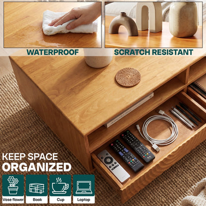 Harmony Solid Acacia Coffee Table with Drawers &amp; Open Storage - 3 Colors