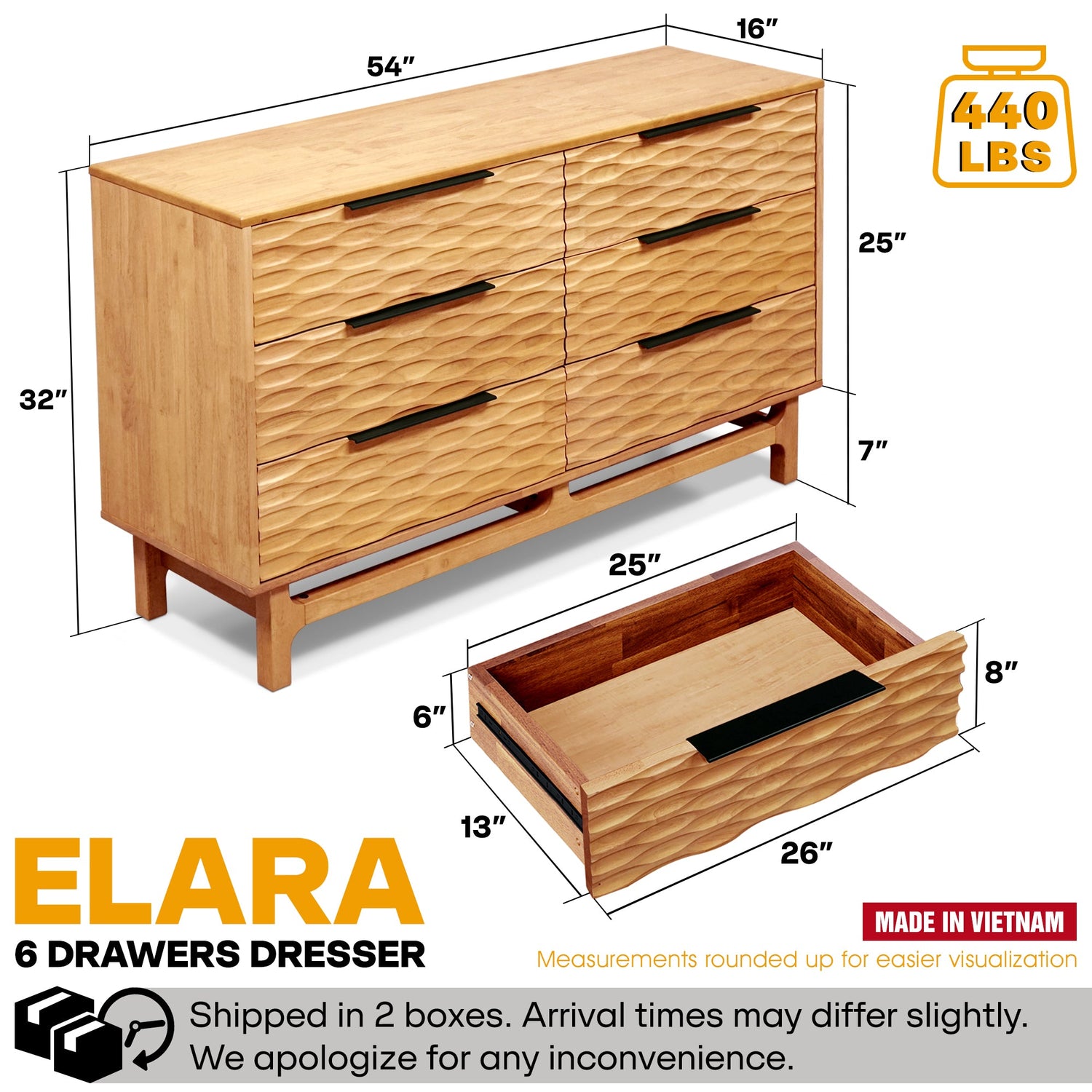 Elara Acacia Wood 6 Drawer Dresser - 3 Colors