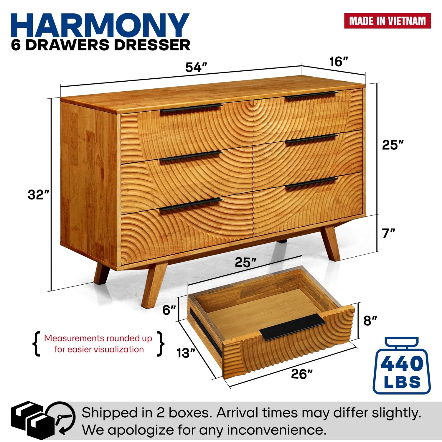 Harmony Solid Wood Dresser in Caramel or Walnut