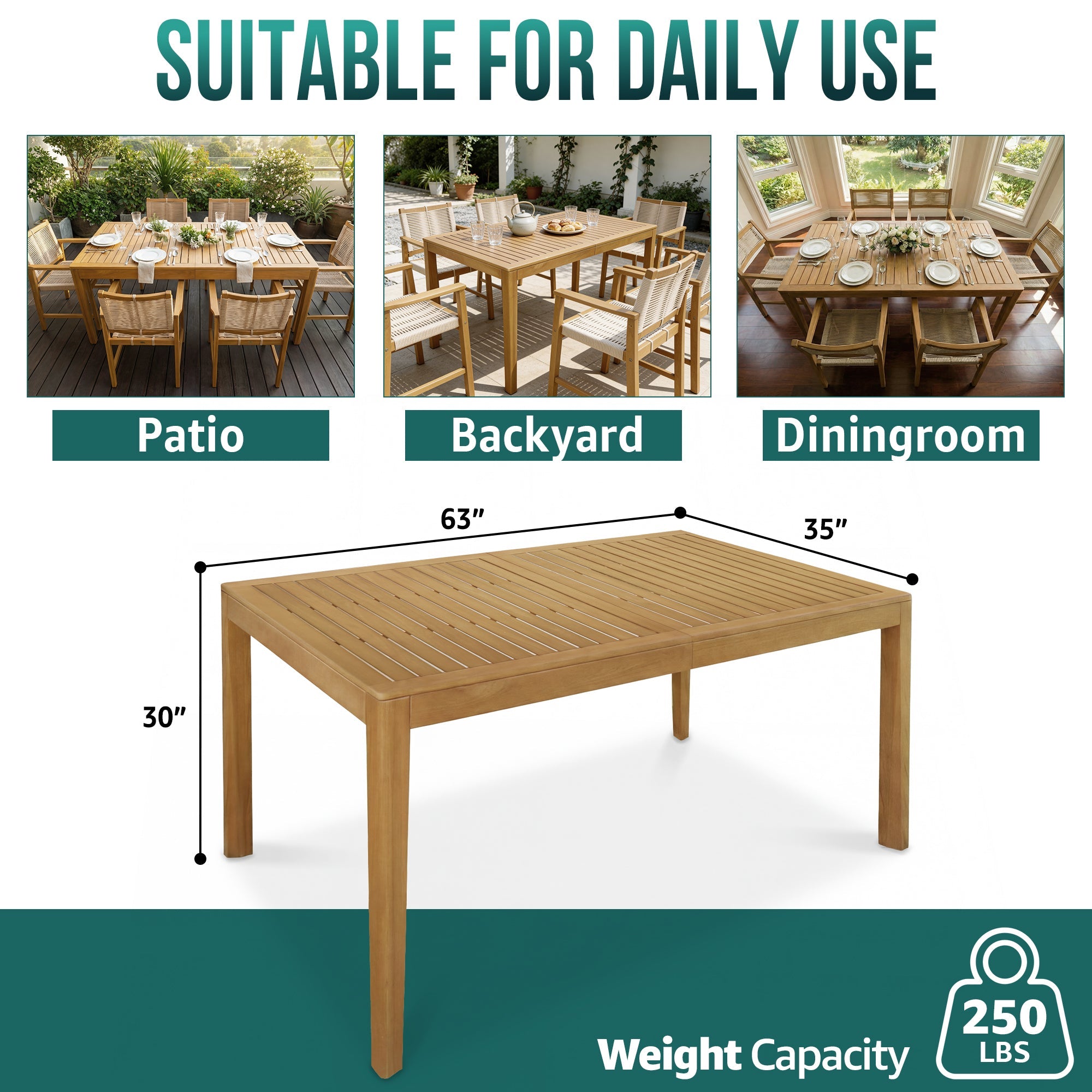 Classic Acacia Wood Outdoor Dining Table for 6