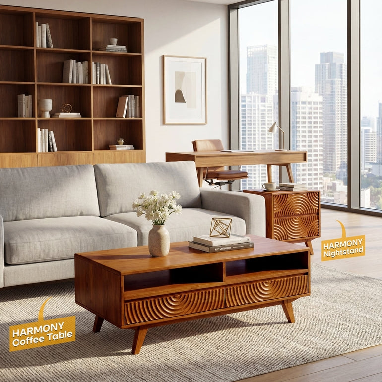Harmony Solid Acacia Coffee Table with Drawers &amp; Open Storage - 3 Colors
