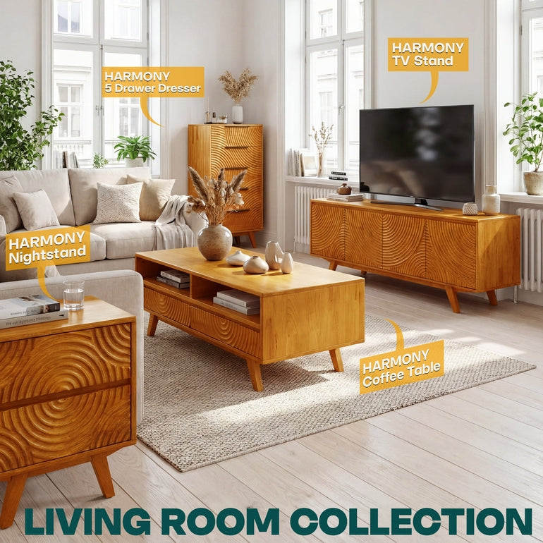 Harmony Solid Acacia Coffee Table with Drawers &amp; Open Storage - 3 Colors