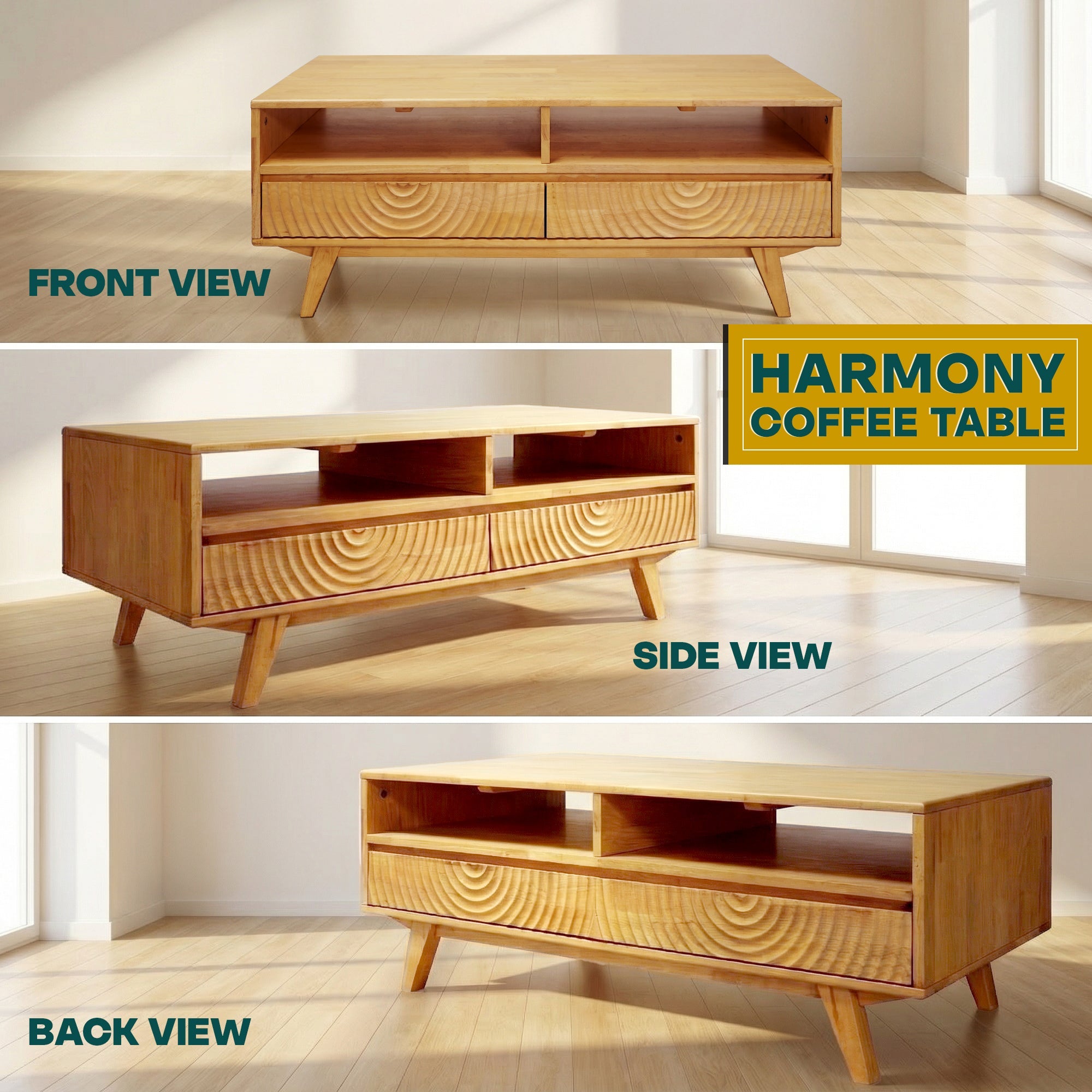 Harmony Solid Acacia Coffee Table with Drawers &amp; Open Storage - 3 Colors