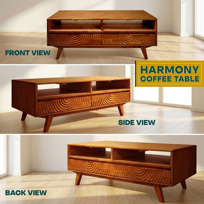 Harmony Solid Acacia Coffee Table with Drawers &amp; Open Storage - 3 Colors