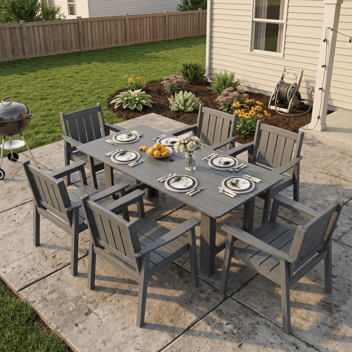 7-Piece HDPE Outdoor Dining Table and Chairs with Umbrella Hole - Multiple Sizes, 2 Colors