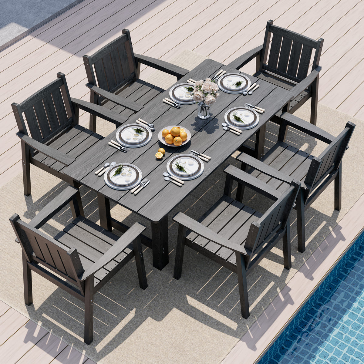 7-Piece HDPE Outdoor Dining Table and Chairs with Umbrella Hole - Multiple Sizes, 2 Colors
