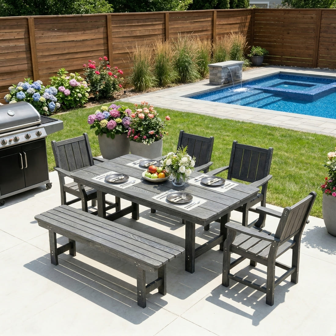 7-Piece HDPE Outdoor Dining Table and Chairs with Umbrella Hole - Multiple Sizes, 2 Colors